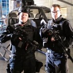 Robert Duncan McNeill and Adam Baldwin on the set of the Chuck series finale