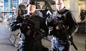 Robert Duncan McNeill and Adam Baldwin on the set of the Chuck series finale