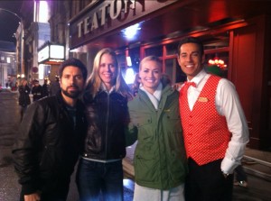 Joshua Gomez, Alisa Hensley, Yvonne Strahovski, and Zachary Levi behind the scenes of the Chuck series finale